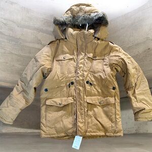 Tan Hooded Puffer Jacket with Faux Fur Trim